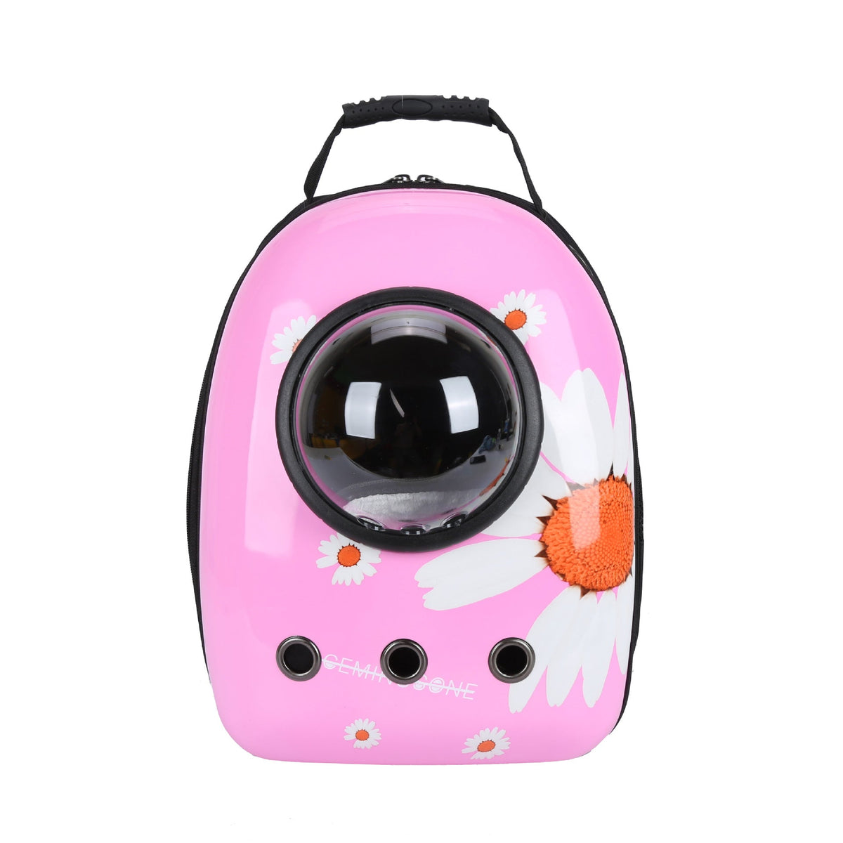 Pet Zen pink bubble pet backpack with clear dome window and daisy print, black handle on Tampa Home & Garden Store