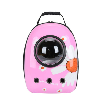 Pet Zen pink bubble pet backpack with clear dome window and daisy print, black handle on Tampa Home & Garden Store