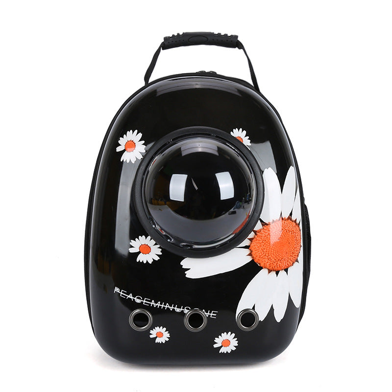 Black pet backpack carrier with bubble window and white daisy print for cats and dogs on Tampa Home & Garden Store