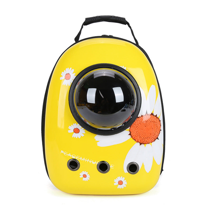 Pet Zen yellow space bag pet carrier backpack with round bubble window and daisy print on Tampa Home & Garden Store