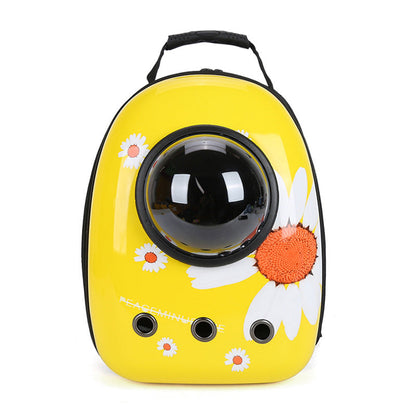 Pet Zen yellow space bag pet carrier backpack with round bubble window and daisy print on Tampa Home & Garden Store
