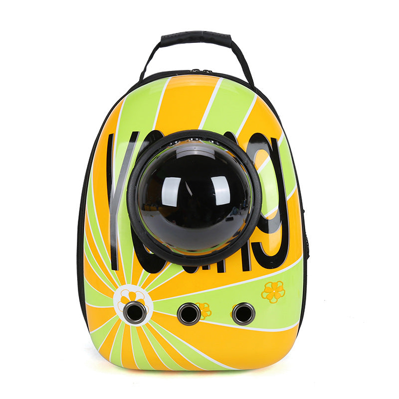 Pet Zen space bag pet backpack yellow orange lime splash with bubble window and top handle on Tampa Home & Garden Store