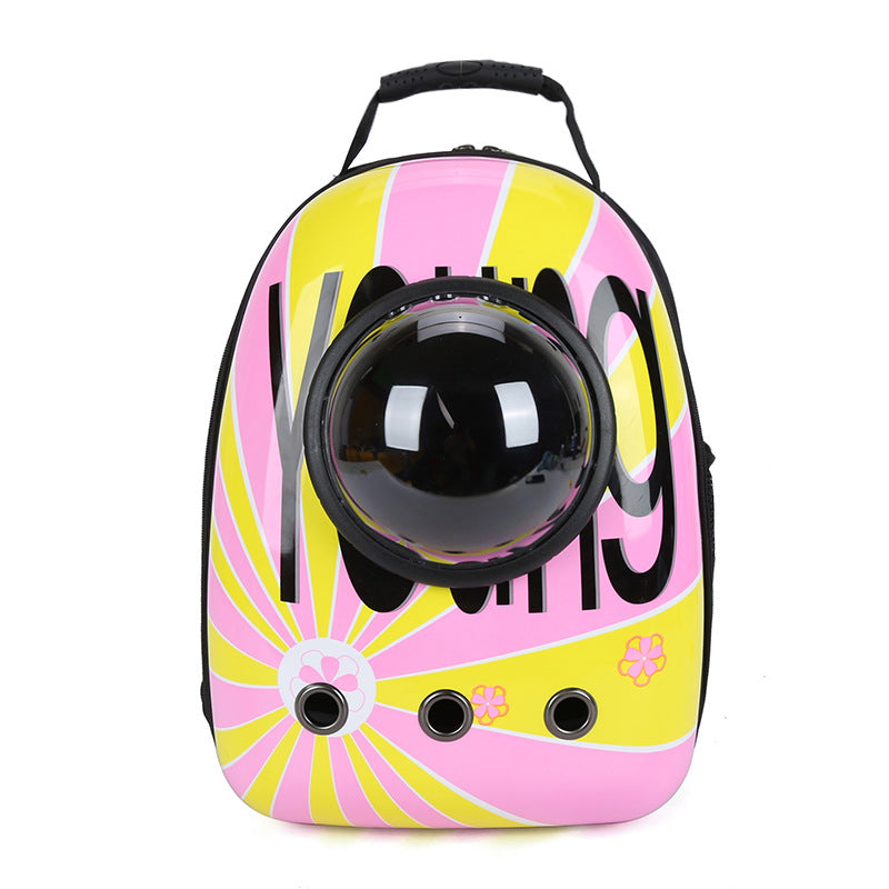 Pet Zen portable pet backpack with bubble window, pink yellow swirl design, ventilated on Tampa Home & Garden Store