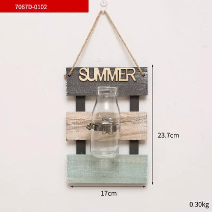 Wooden wall hanging vase with glass bottle, rope hanger, pastel slats and SUMMER accent on Tampa Home & Garden Store