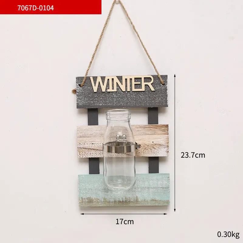 Wooden wall hanging decor with a clear glass bottle vase on distressed multicolor planks on Tampa Home & Garden Store