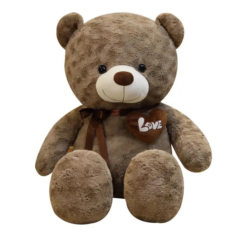 Large brown teddy bear plush by FLIPSTYLEZLLC with brown satin bow and Love heart patch on Tampa Home & Garden Store