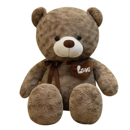 Large brown teddy bear plush by FLIPSTYLEZLLC with brown satin bow and Love heart patch on Tampa Home & Garden Store