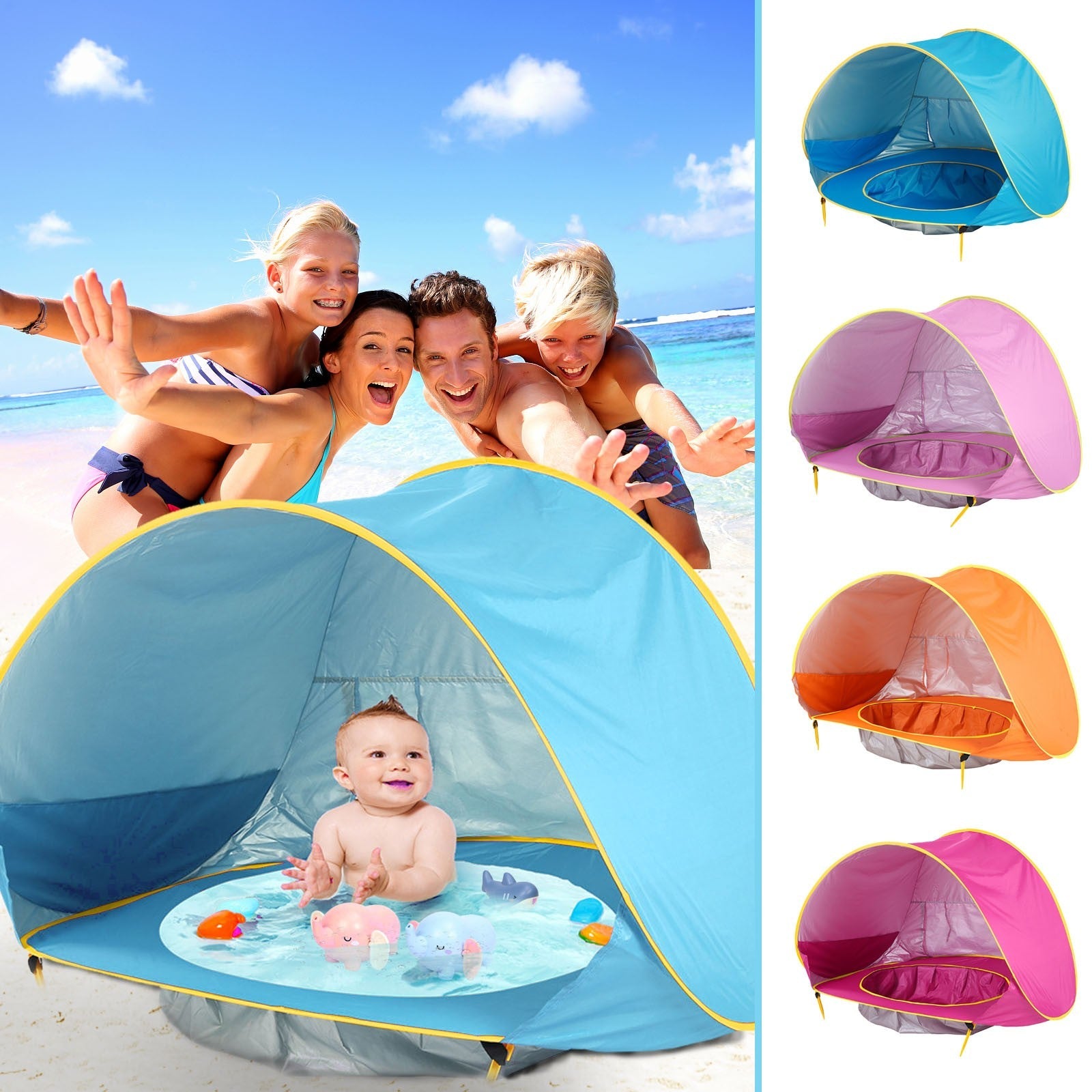 Baby Beach Tent My Store blue UV-proof waterproof sun shelter; family on beach on Tampa Home & Garden Store