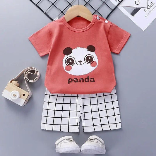 Two-piece baby outfit: pink panda tee with shoulder buttons and white grid shorts on Tampa Home & Garden Store