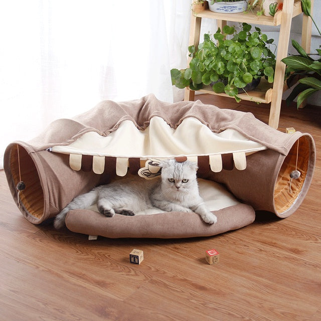 Cat tunnel play toy by Sell My Stuff, brown plush collapsible tunnel with beige interior on Tampa Home & Garden Store