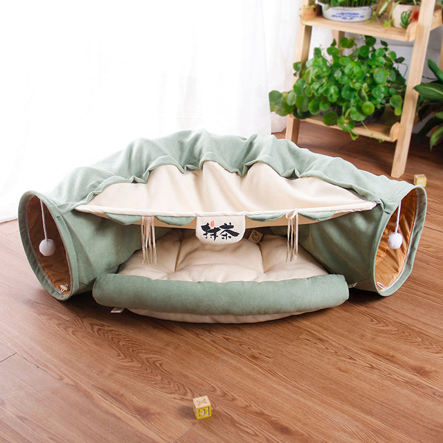 Pet cats tunnel play bed green fabric with beige interior by Sell My Stuff tunnels on Tampa Home & Garden Store