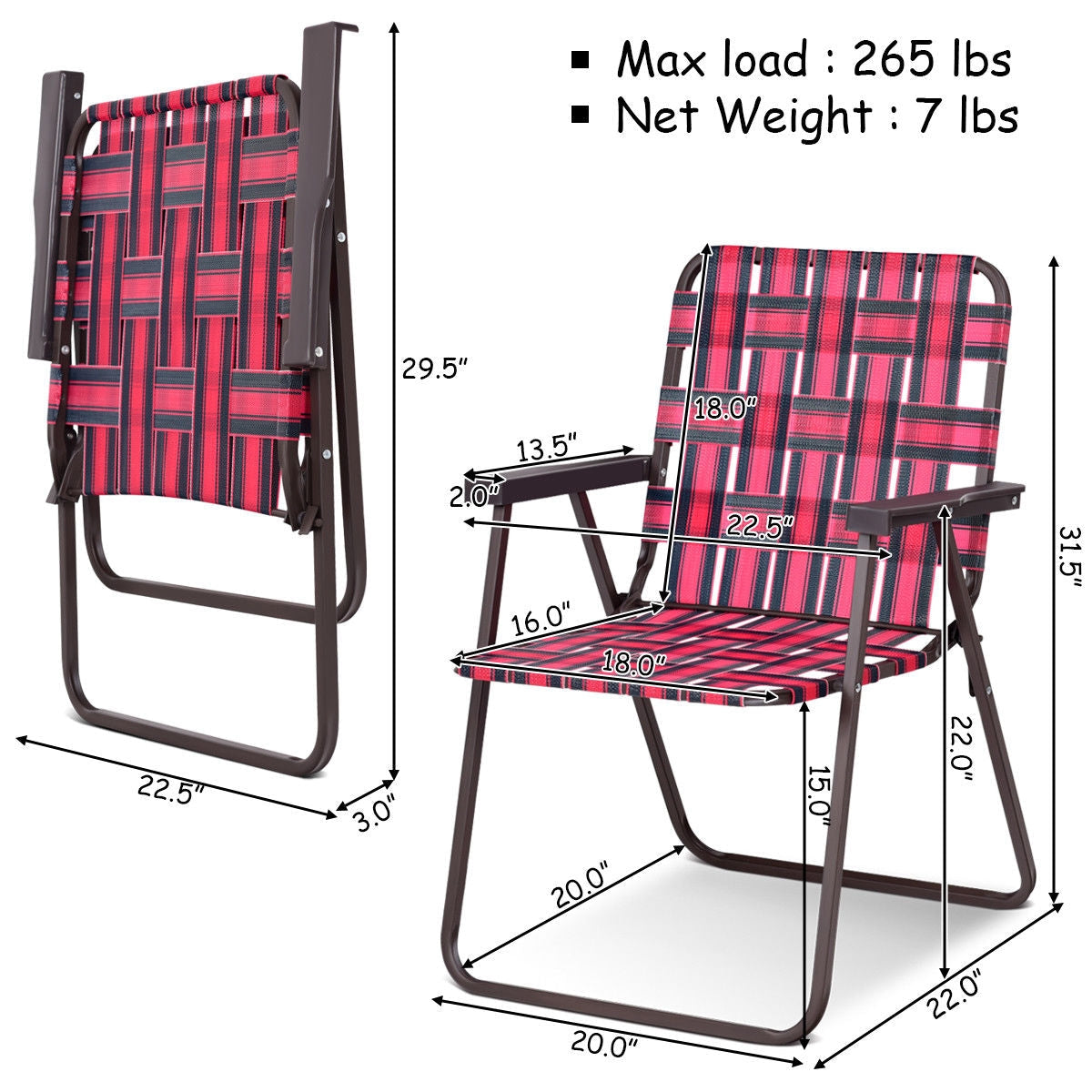 GemGear folding beach chair with red striped webbing and brown frame for camping and lawn on Tampa Home & Garden Store