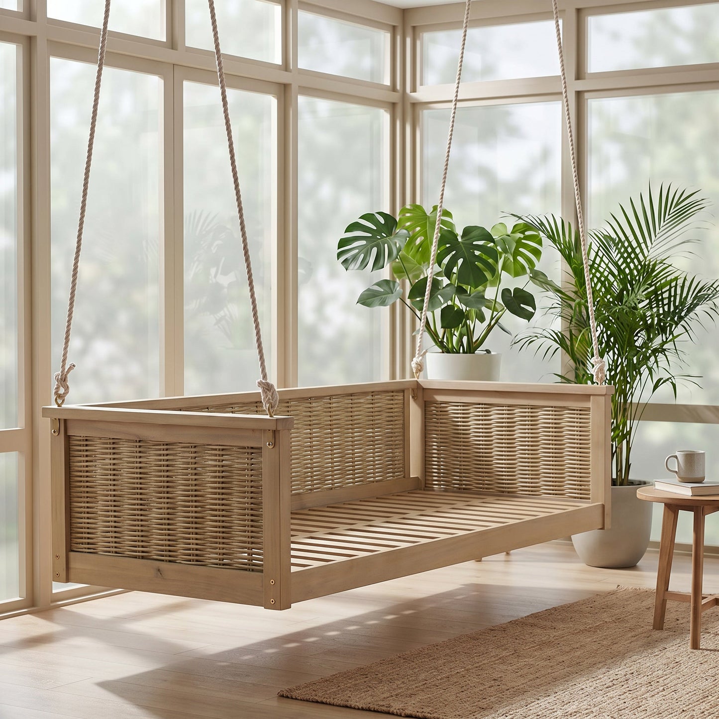 Classic Outdoor Acacia Wood Twin Swing Bed for Porch