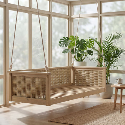 Classic Outdoor Acacia Wood Twin Swing Bed for Porch