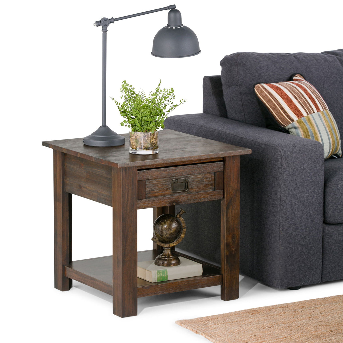 Monroe Solid Acacia Side Table for Living dark wood finish with drawer and open lower shelf on Tampa Home & Garden Store