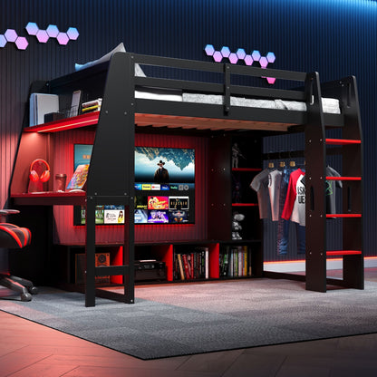 Gaming Loft Bed with Desk by HouseOfZazla, LED lighting, storage shelves, and clothes rack on Tampa Home & Garden Store