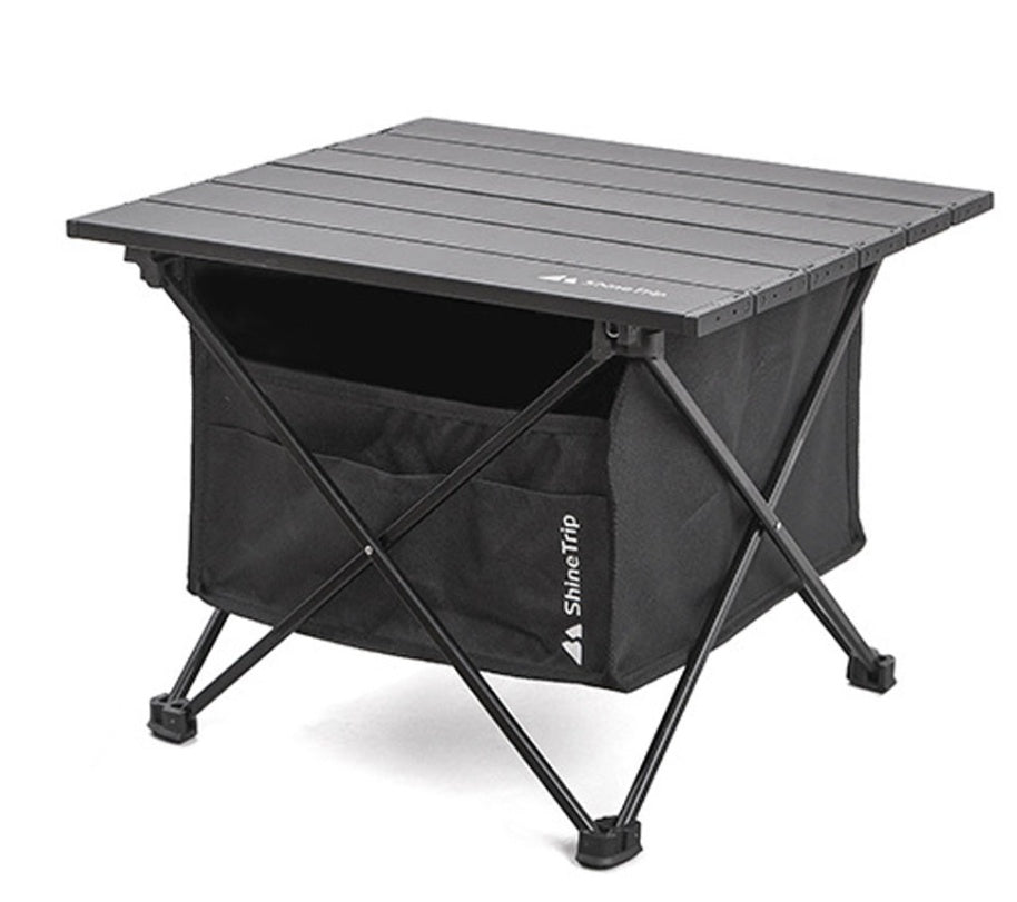 Folding outdoor table with aluminum slat top, cross-leg frame and ShineTrip storage bag on Tampa Home & Garden Store