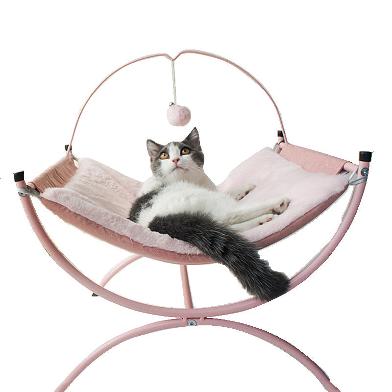 Four Seasons Universal Cat Recliner Cat Bed pink plush hammock with curved frame and hanging toy on Tampa Home & Garden Store