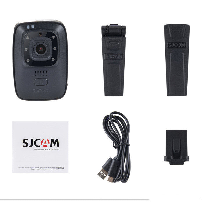 Law Enforcement Recorder Portable Camera by SJCAM, black camera with belt clip and USB cable on Tampa Home & Garden Store