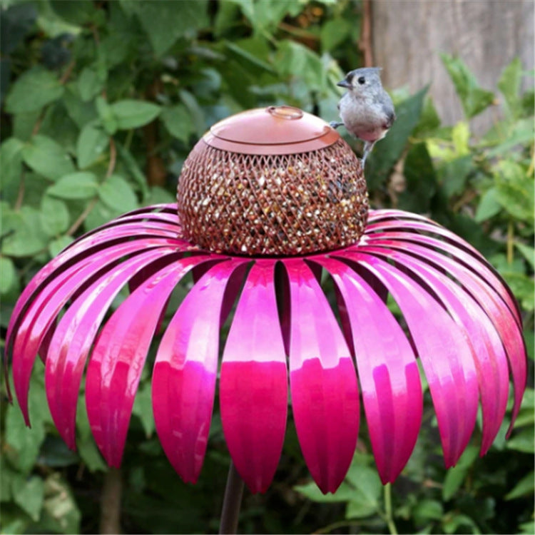 Garden Petal Shape Bird Feeder bright pink metal petals with brown mesh dome and small perched bird on top on Tampa Home & Garden Store