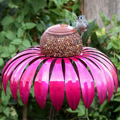 Garden Petal Shape Bird Feeder bright pink metal petals with brown mesh dome and small perched bird on top on Tampa Home & Garden Store