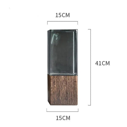 Wood color transparent glass vase with dark glass top and wood base 15x41cm FLIPSTYLEZLLC on Tampa Home & Garden Store