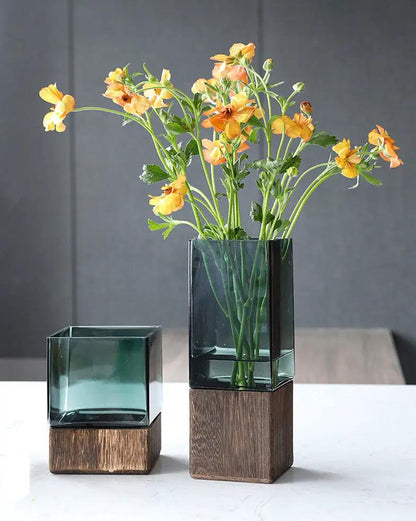 Wood color transparent glass vase set with wooden bases and orange flowers two vases on Tampa Home & Garden Store