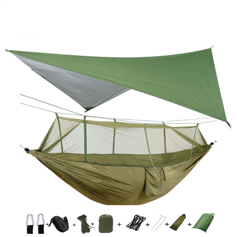 Army green outdoor parachute hammock with mosquito net, double size, with tarp and accessories on Tampa Home & Garden Store