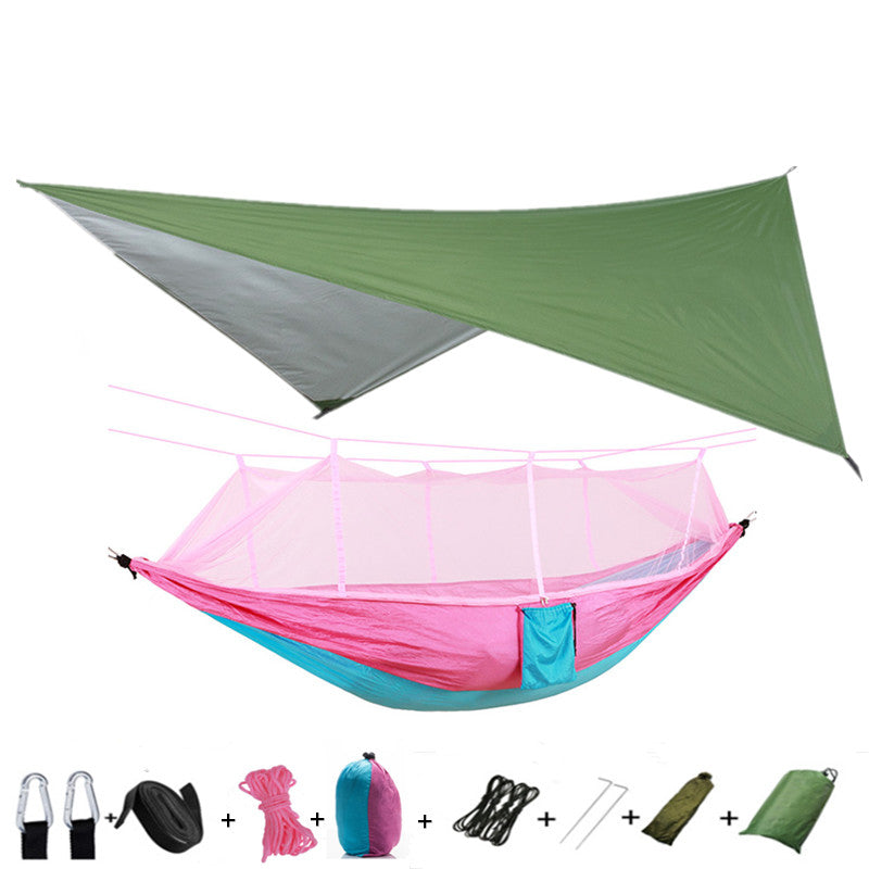Outdoor parachute hammock with mosquito net; army green tarp and pink hammock; 2 carabiners on Tampa Home & Garden Store