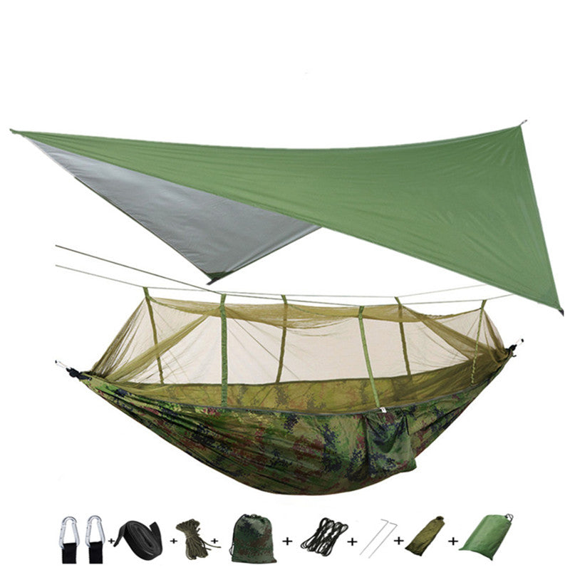 Army green double parachute hammock with mosquito net and overhead tarp plus carabiners, ropes on Tampa Home & Garden Store