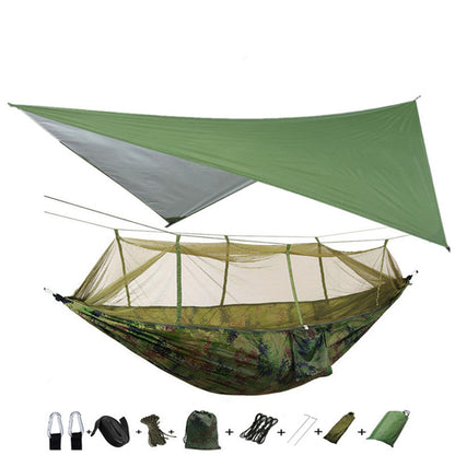 Army green double parachute hammock with mosquito net and overhead tarp plus carabiners, ropes on Tampa Home & Garden Store