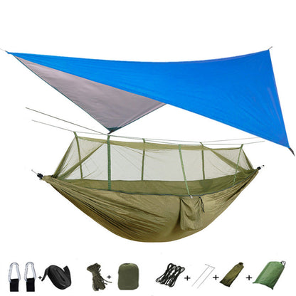 Outdoor parachute-cloth double hammock with mosquito net and blue tarp two-item camping set on Tampa Home & Garden Store