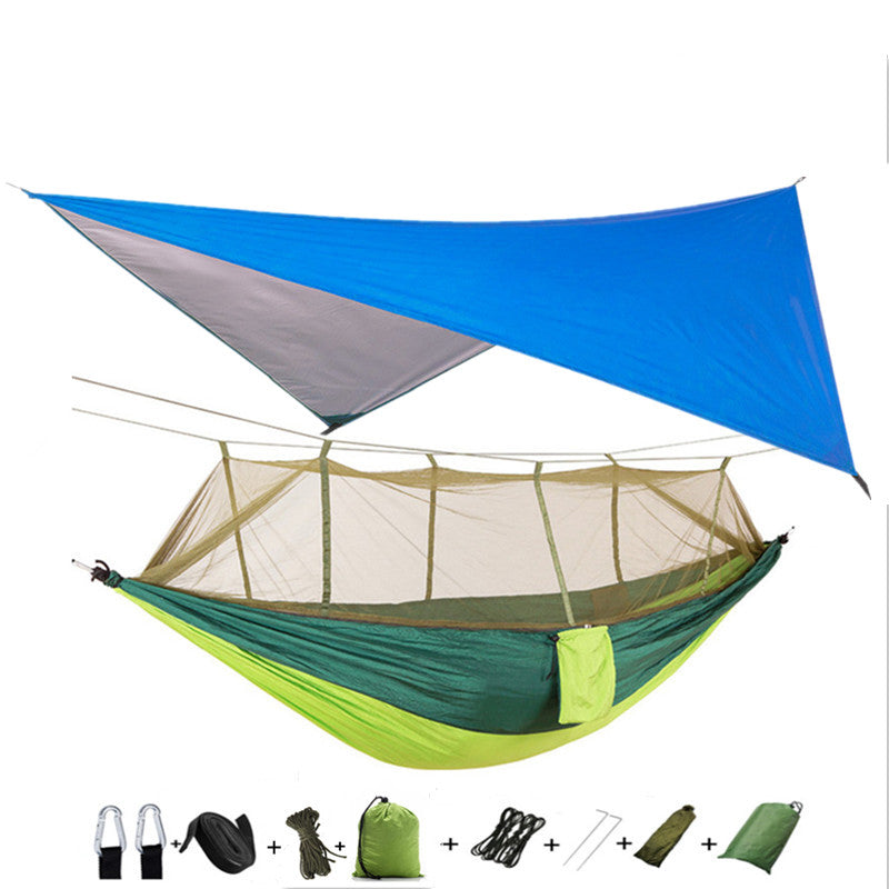Outdoor parachute hammock with mosquito net, army green body and blue canopy tarp on Tampa Home & Garden Store