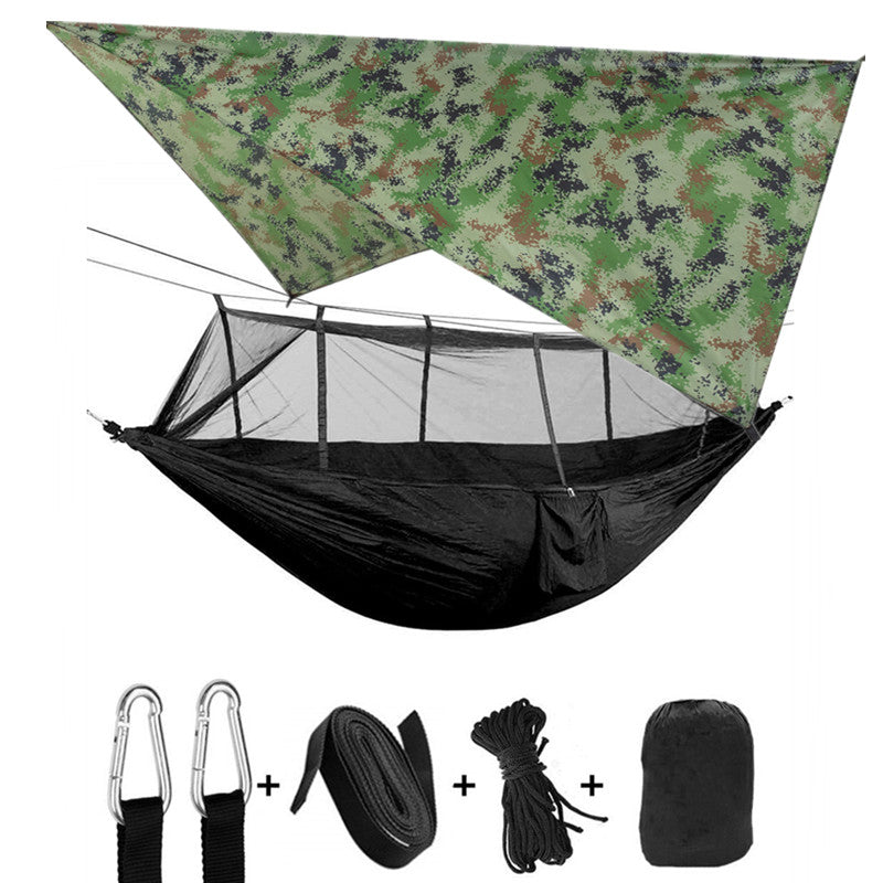 Parachute cloth hammock with mosquito net army green portable camping setup with carabiners on Tampa Home & Garden Store