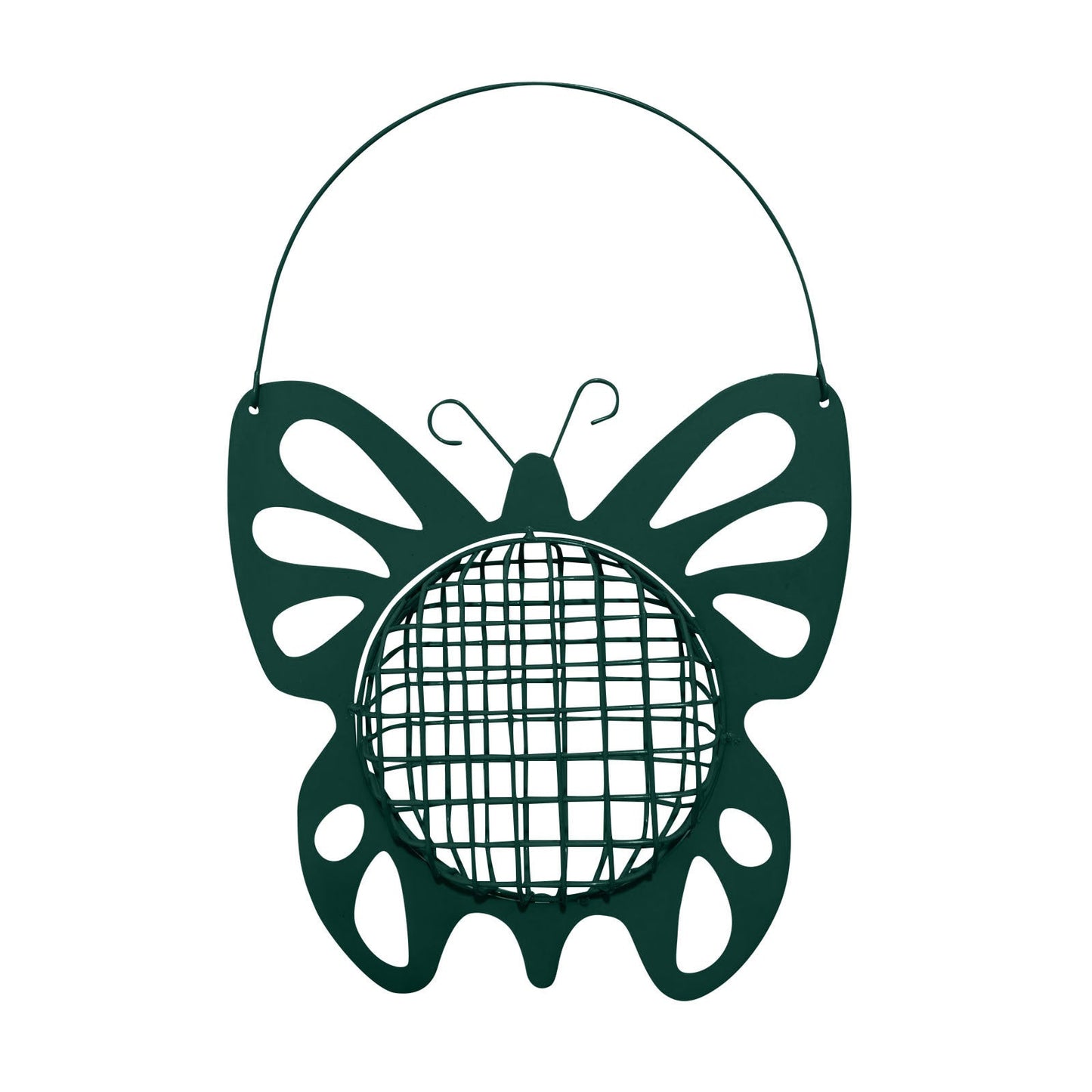 Outdoor metal butterfly-shaped hanging bird feeder with dark green mesh cage on Tampa Home & Garden Store