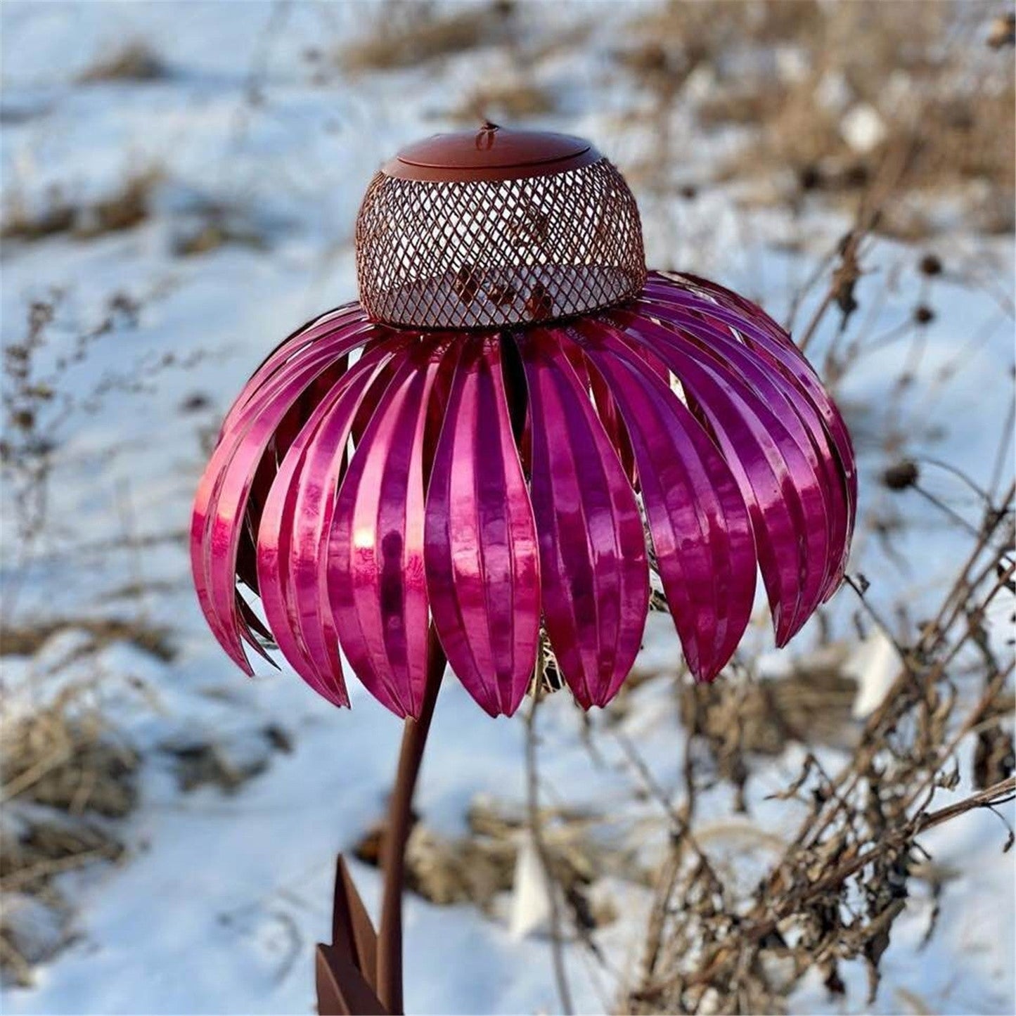 Garden Petal Shape Bird Feeder with magenta metal petals and brown mesh top on Tampa Home & Garden Store