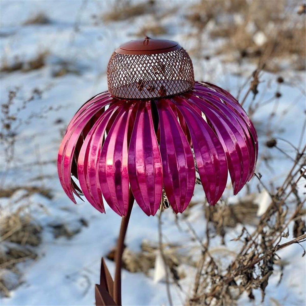 Garden Petal Shape Bird Feeder with magenta metal petals and brown mesh top on Tampa Home & Garden Store