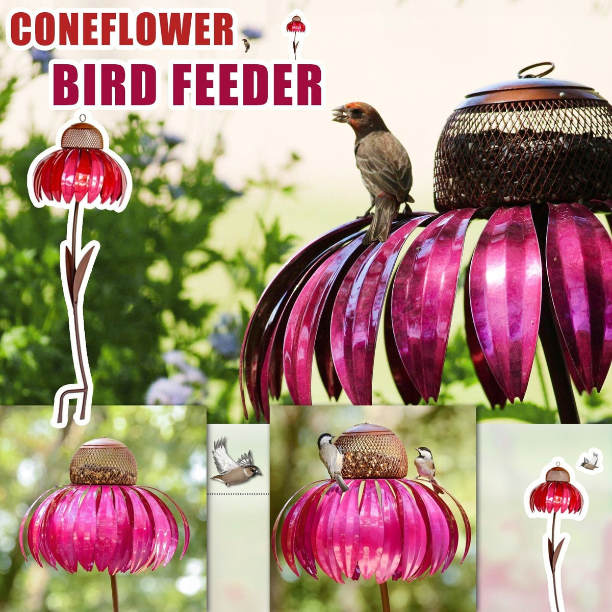Garden Petal Shape Bird Feeder pink petal panels with metal cap on stake on Tampa Home & Garden Store