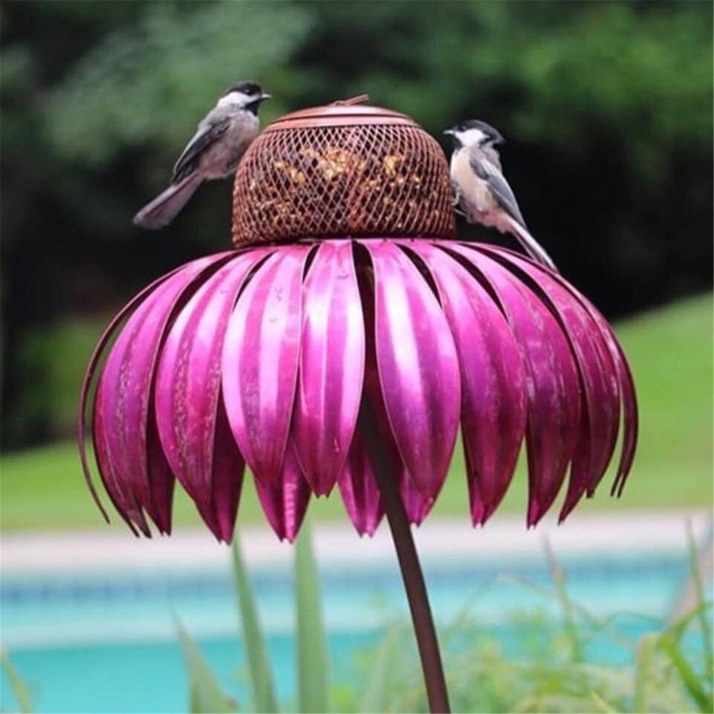 Garden Petal Shape Bird Feeder pink petal canopy with brown mesh top two birds perched on stem on Tampa Home & Garden Store