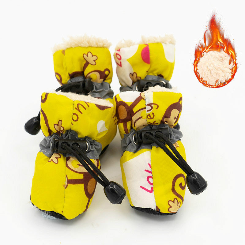 Pet Zen dog shoes set of 4, yellow patterned boots with fluffy lining and non-slip bottoms on Tampa Home & Garden Store
