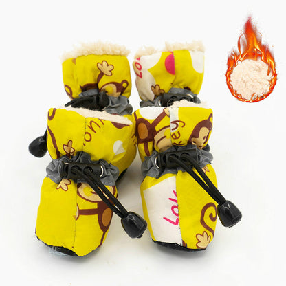 Pet Zen dog shoes set of 4, yellow patterned boots with fluffy lining and non-slip bottoms on Tampa Home & Garden Store