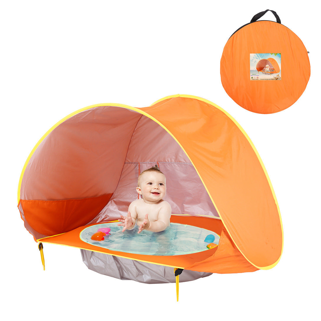 Baby Beach Tent portable shade for infant, orange UV sun shelter with included play pool on Tampa Home & Garden Store