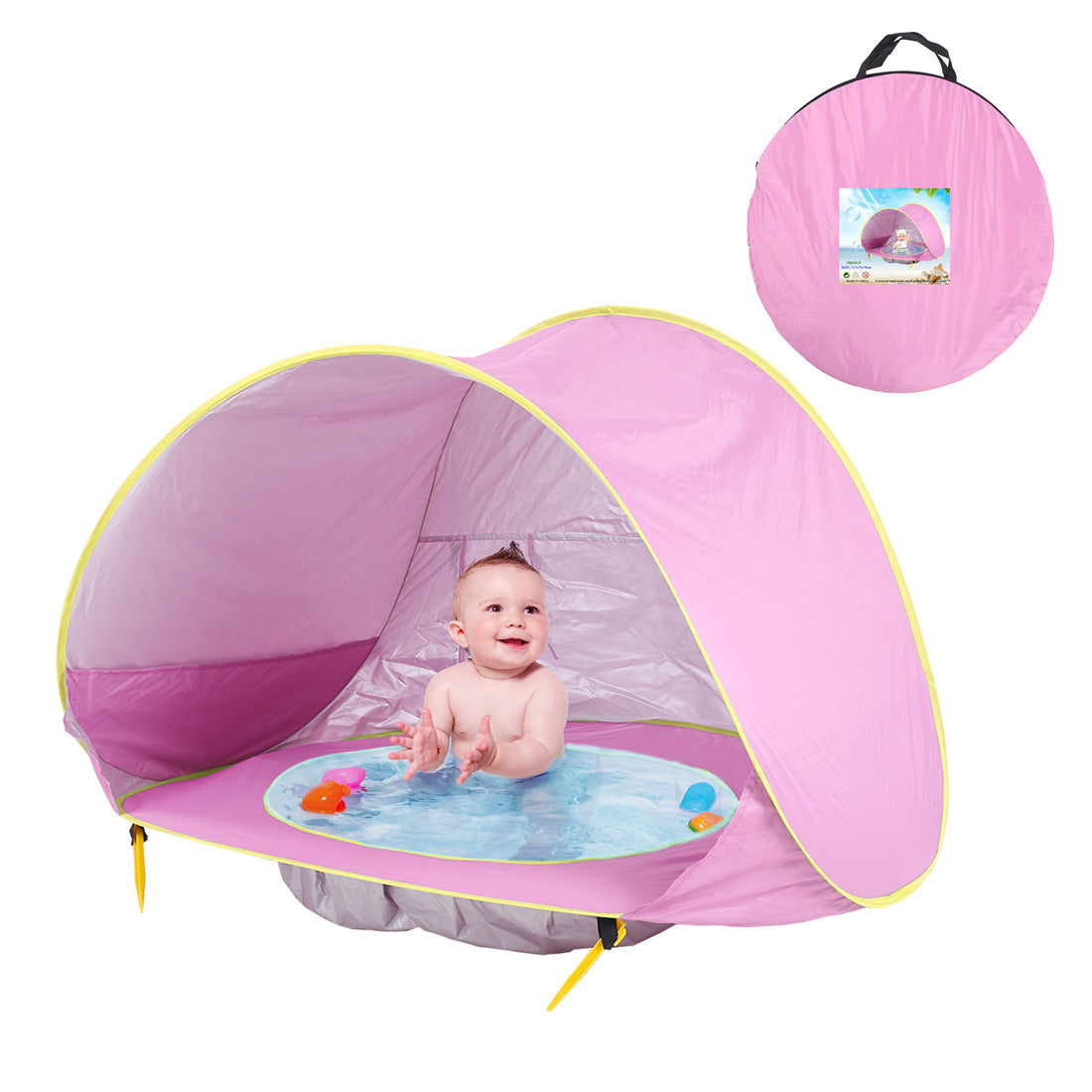Baby Beach Tent portable shade pool pink with yellow trim for infants, includes carry bag on Tampa Home & Garden Store