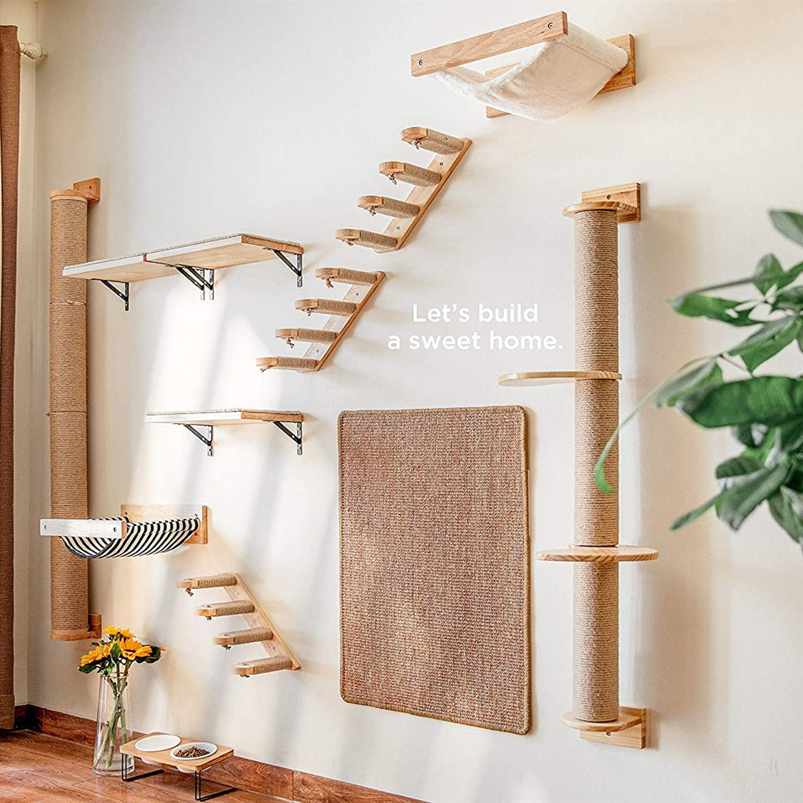 Cat wooden wall hanging ladder with multi level pine shelves, sisal posts, and striped hammock on Tampa Home & Garden Store