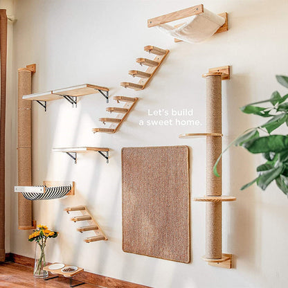 Cat wooden wall hanging ladder with multi level pine shelves, sisal posts, and striped hammock on Tampa Home & Garden Store