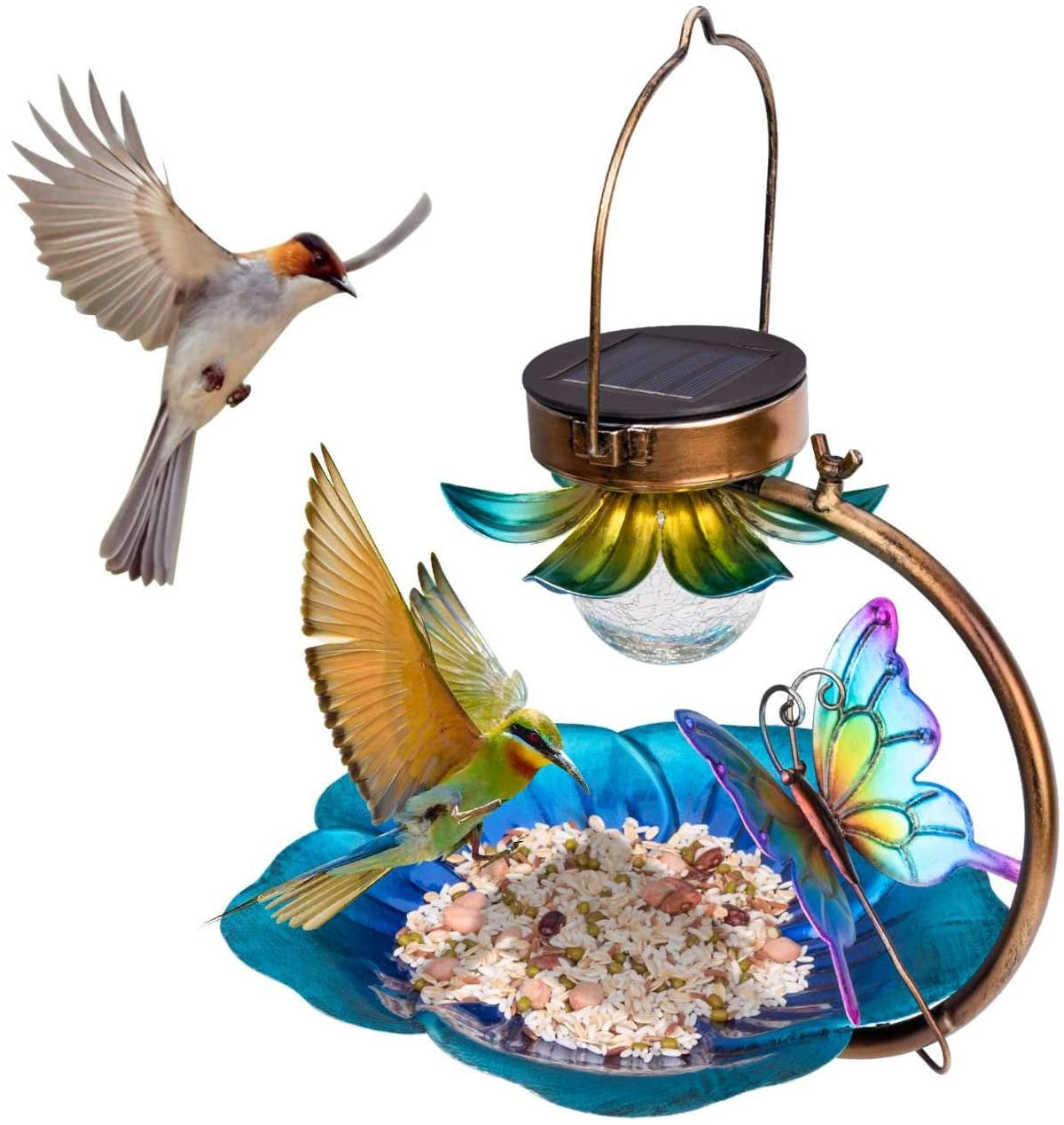 Solar Crack Ball Bird Feeder copper frame with solar panel and colorful glass bowl on Tampa Home & Garden Store