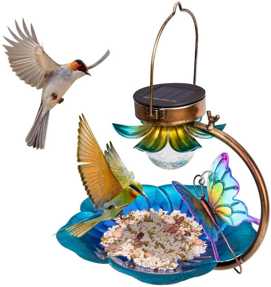 Solar Crack Ball Bird Feeder copper frame with solar panel and colorful glass bowl on Tampa Home & Garden Store
