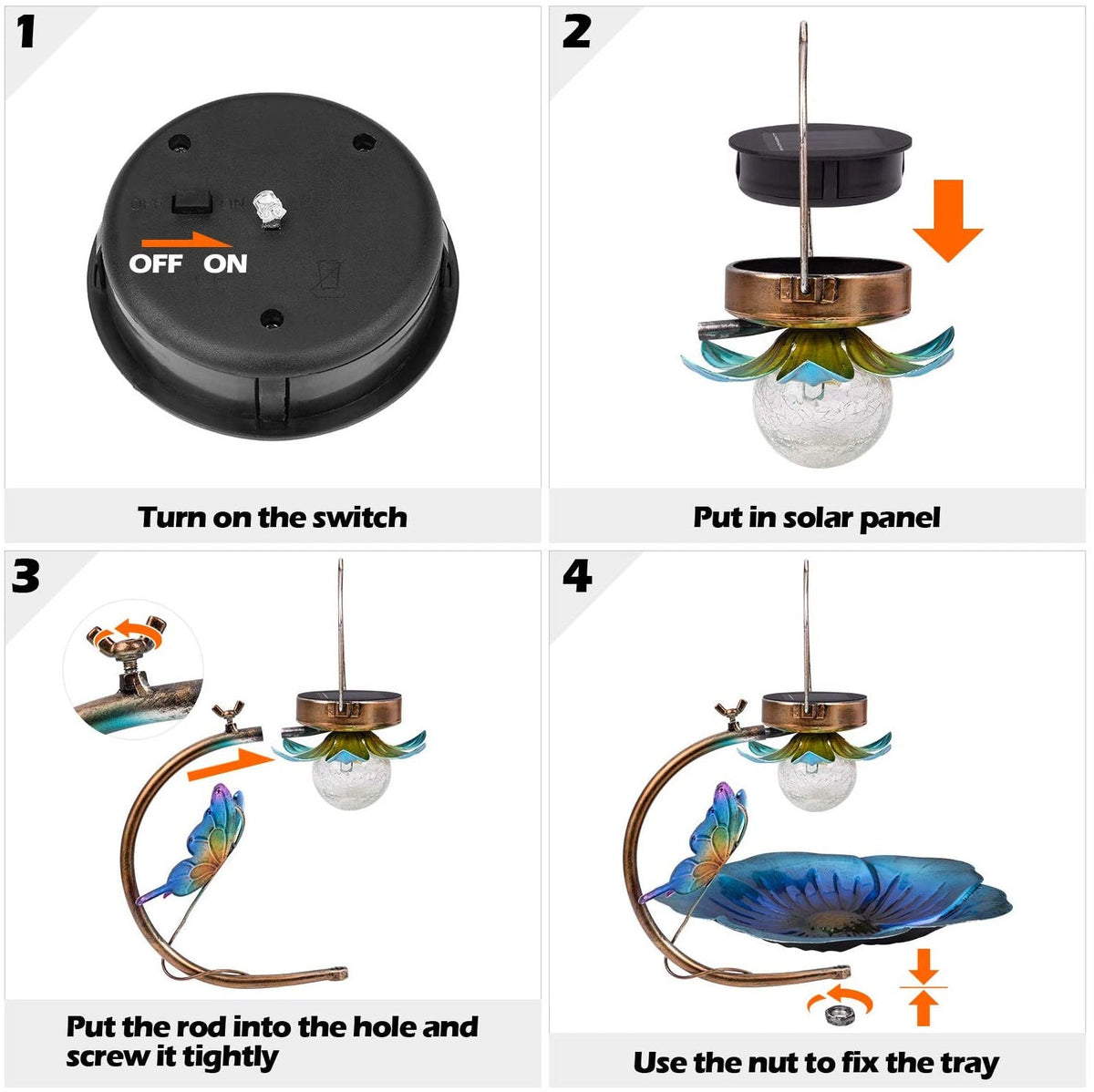 Solar Crack Ball Bird Feeder assembly: switch on; install panel; insert rod; tighten nut on Tampa Home & Garden Store