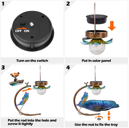 Solar Crack Ball Bird Feeder assembly: switch on; install panel; insert rod; tighten nut on Tampa Home & Garden Store