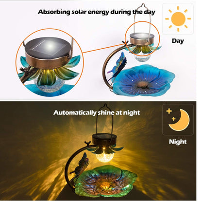 Solar Crack Ball Bird Feeder by Sell My Stuff with bronze ring and blue-green glass petals on Tampa Home & Garden Store